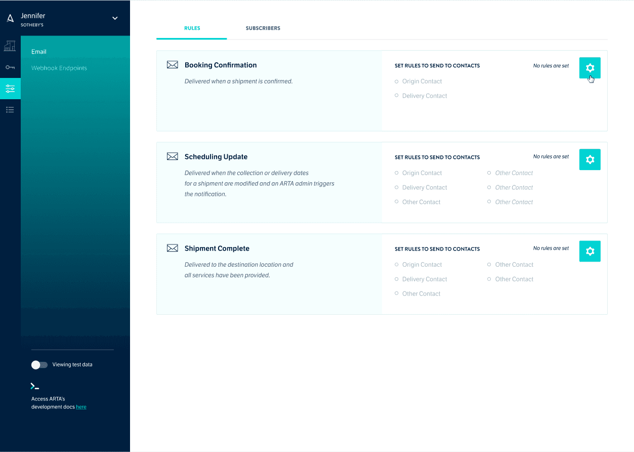 Arta dashboard for shipping requests and order tracking