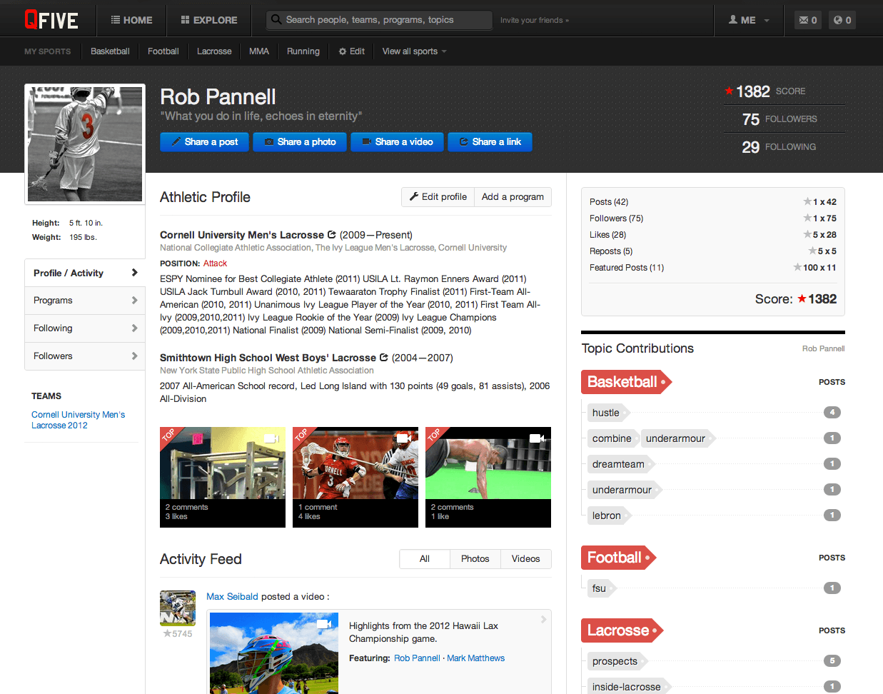 QFive athlete profile page